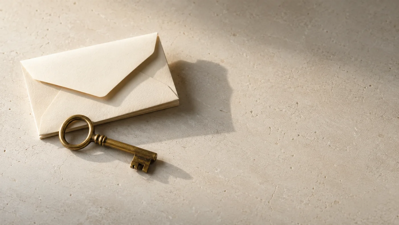 A brass key resting beside a cream envelope on a limestone surface