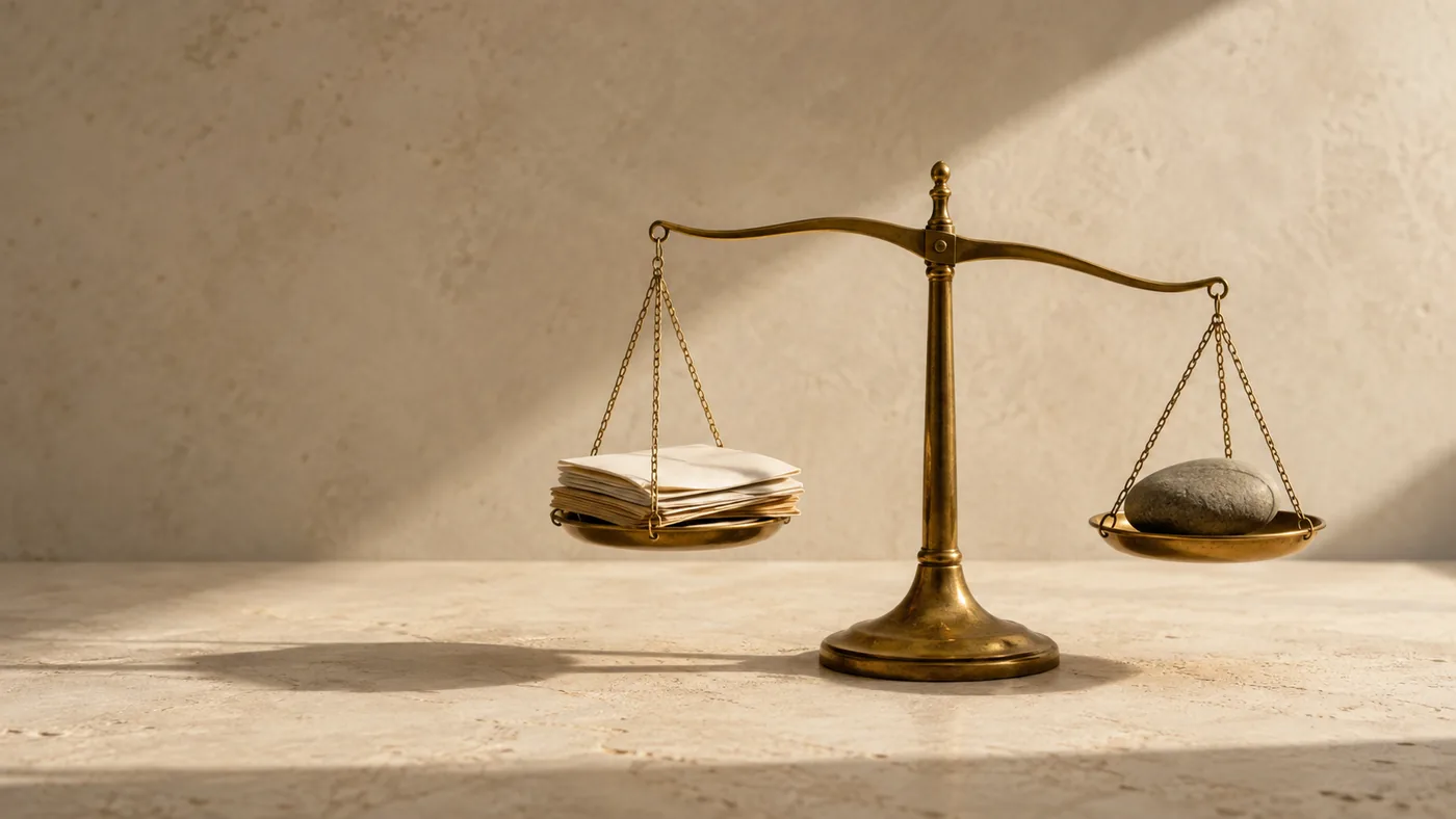 A brass balance scale holding a stack of paper against a single stone