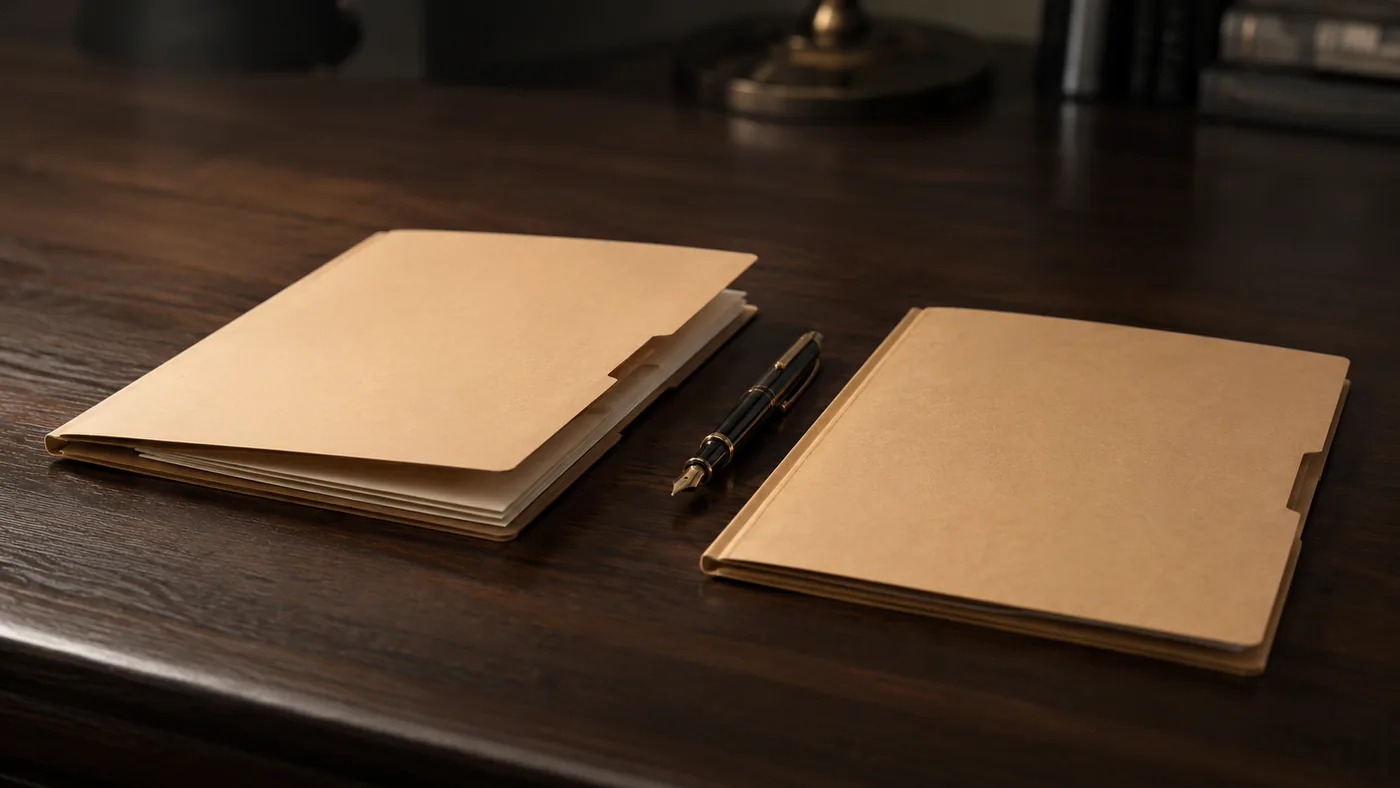 Two manila folders and a fountain pen on a dark walnut desk