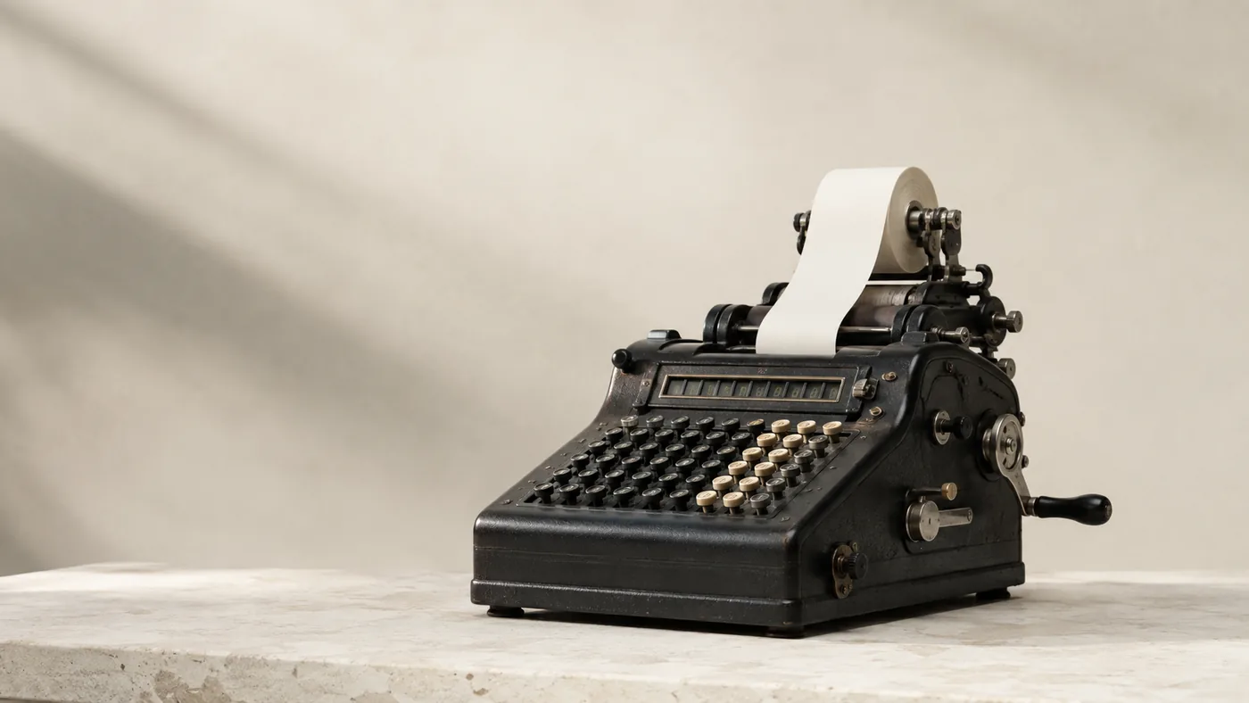 A vintage mechanical adding machine with a blank paper tape
